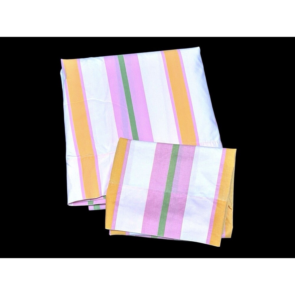 Queen Flat Sheet & Pillowcase Sears Roebuck Pastel Stripes Pink Green Orange